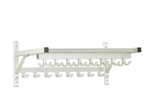 Glaro Wall Rack with a 4 Tube Shelf and  3 Hook Strips  - Satin Aluminium