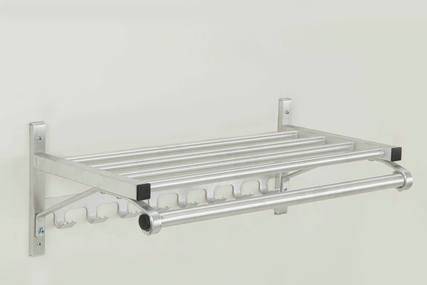 Glaro Wall Rack with a 4 Tube Shelf, a Hook Strip and a Hanger Bar - Satin Aluminium